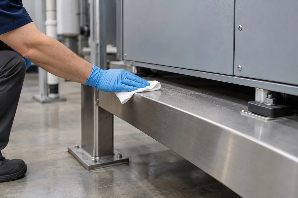 Gloved hand wiping a metal support ledge beneath a closed cooling unit