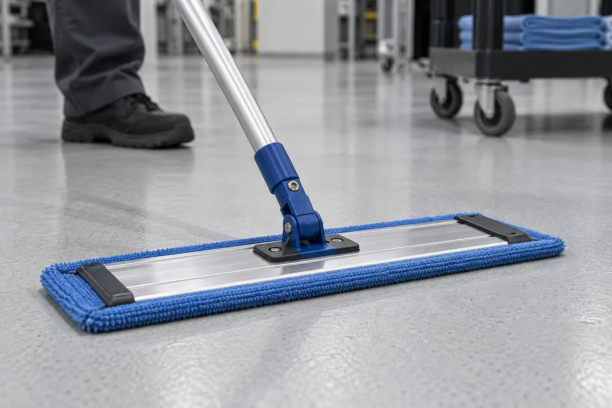 Blue flat microfiber cleaning pad resting on a solid gray facility floor