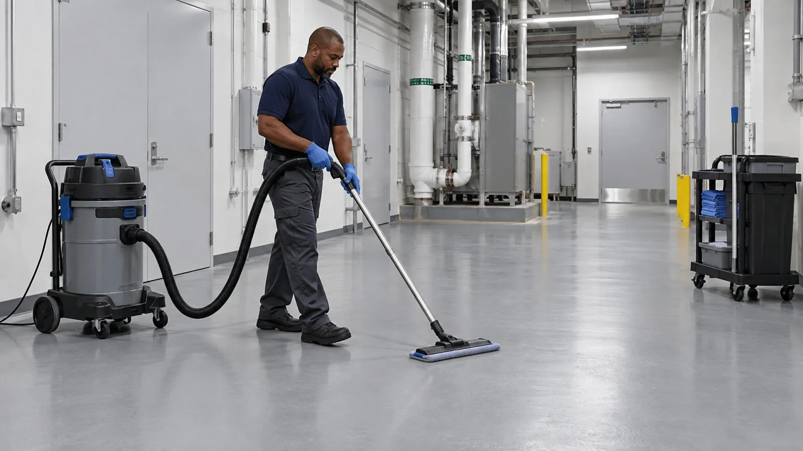 Technician cleaning a solid facility corridor floor with a connected cleaning attachment