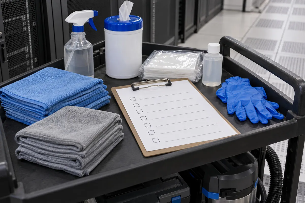 Clipboard with blank checklist lines beside gloves and low-lint materials on a cleaning cart