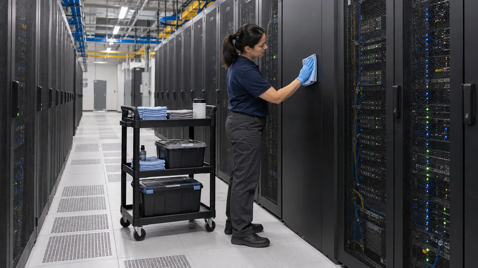 Technician wiping a closed cabinet exterior beside an organized maintenance cart