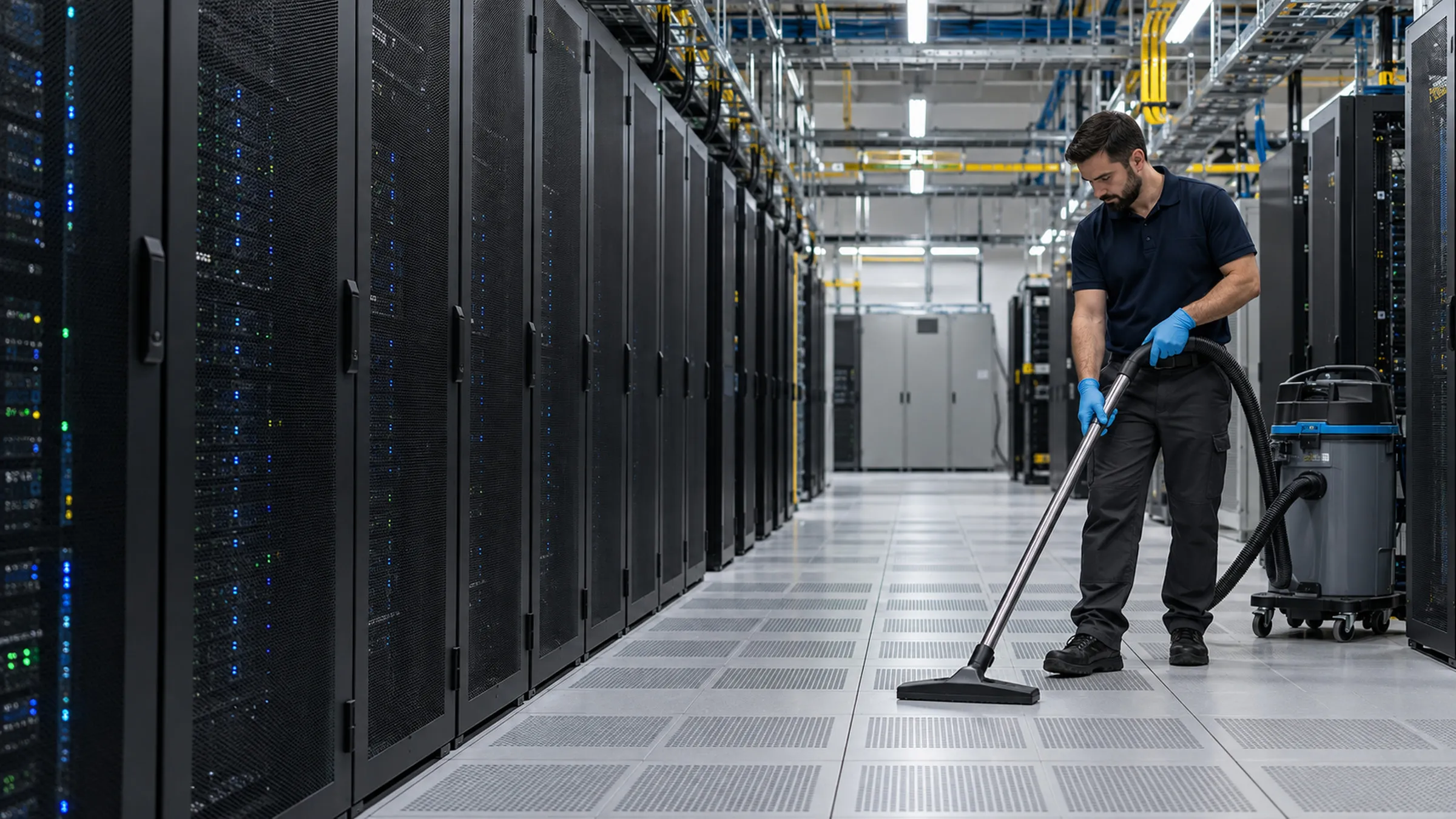 Technician vacuuming a raised-floor aisle beside rows of closed server cabinets