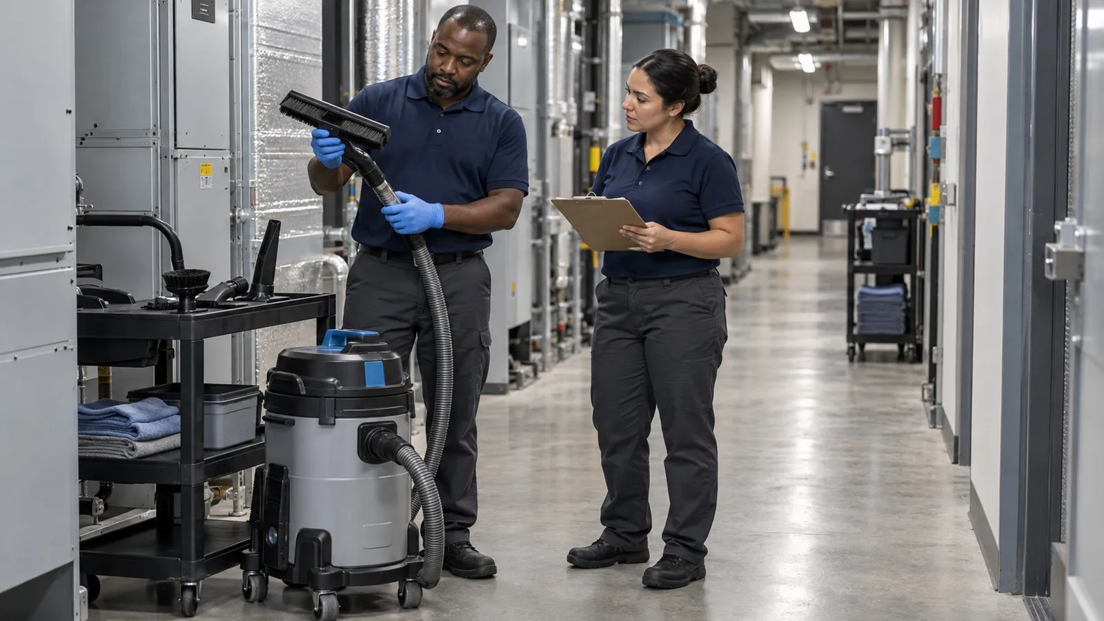 Two technicians checking a vacuum attachment and clipboard beside a cleaning cart in a support corridor