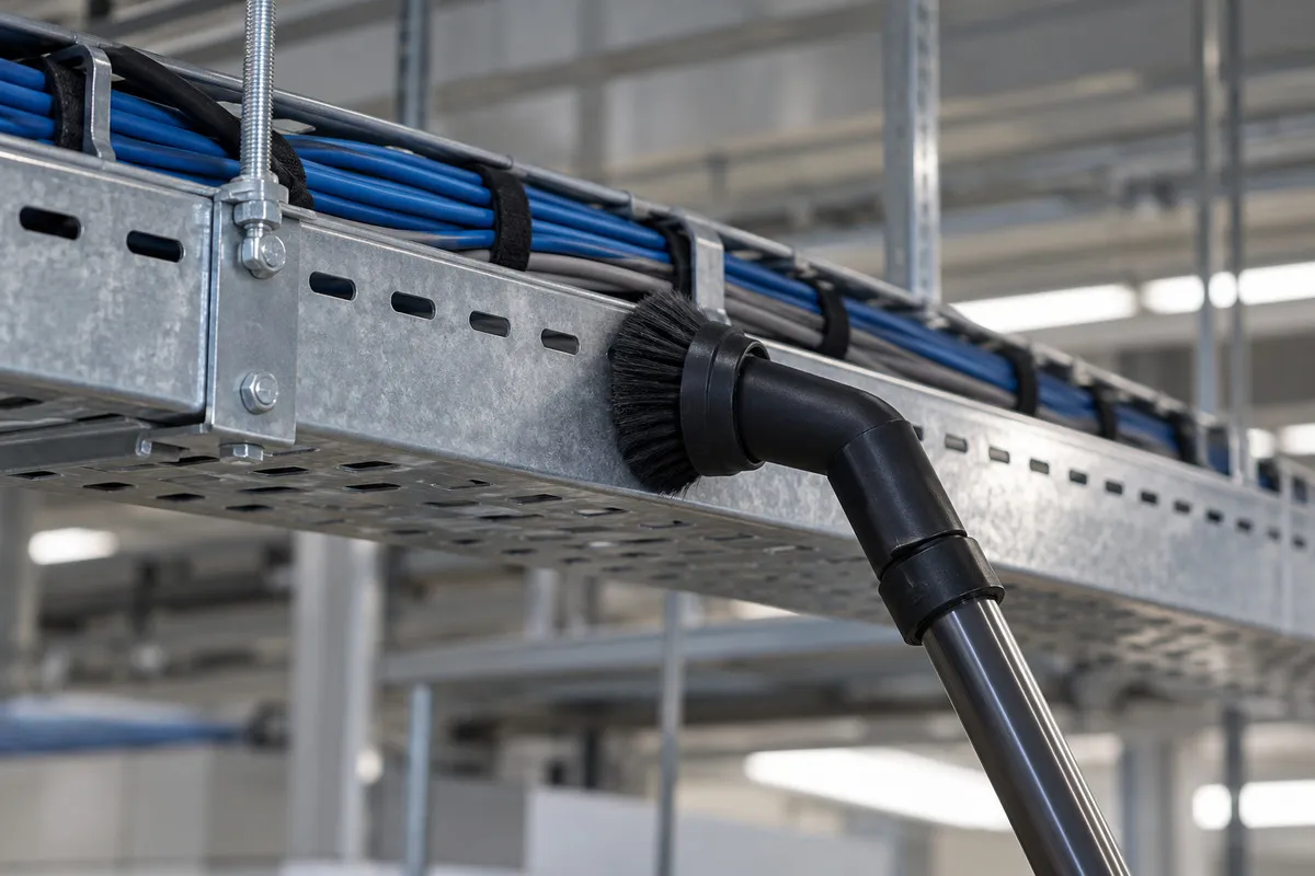 Soft vacuum brush contacting the exterior flange of a supported metal cable tray