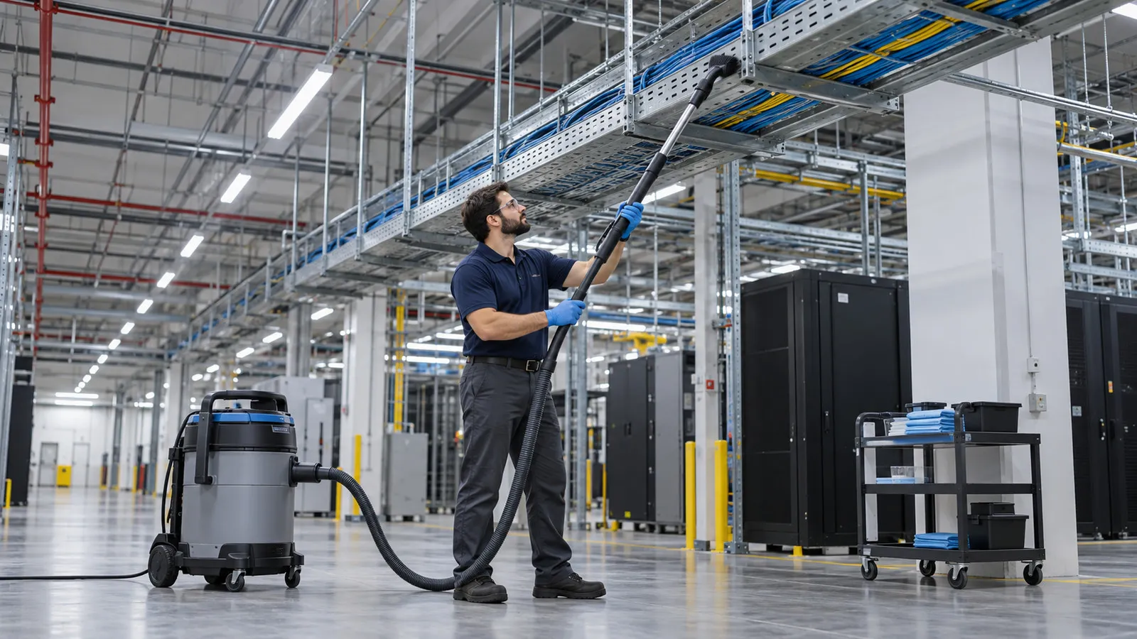 Technician using an extended vacuum brush on the outside of an overhead cable tray