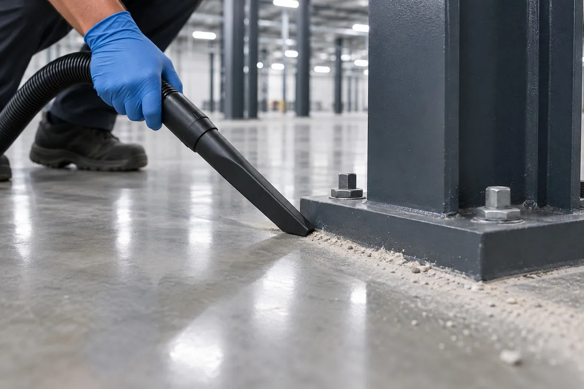 Vacuum nozzle removing fine construction residue around a structural steel base