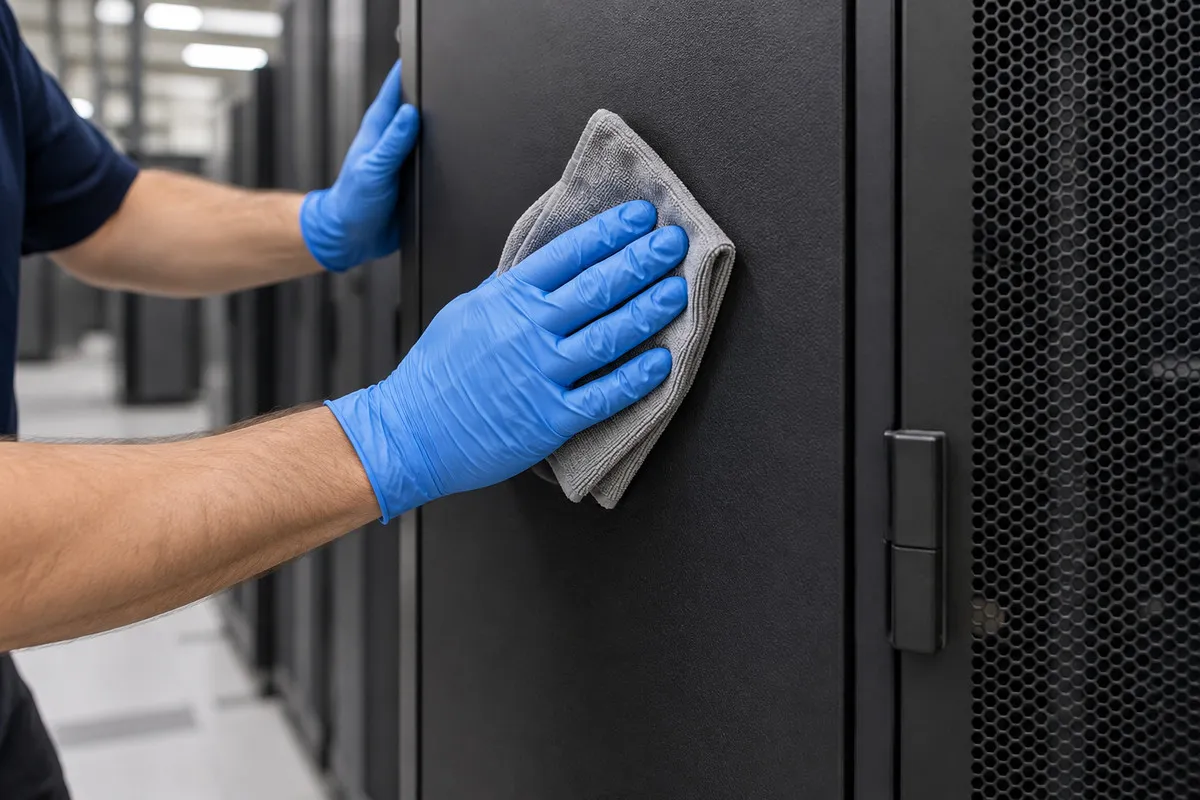 Blue-gloved hands wiping a closed server cabinet exterior with a folded gray cloth