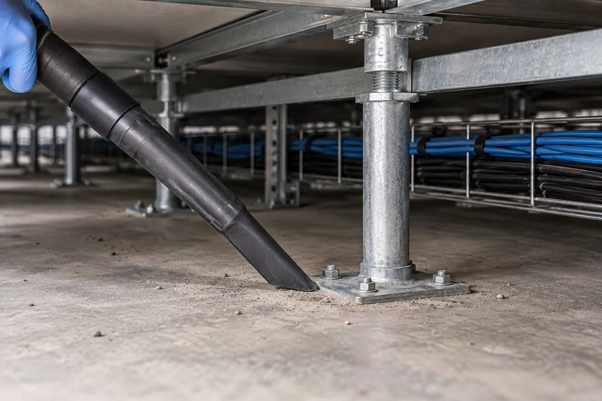 Vacuum nozzle removing dust beside a steel pedestal and contained underfloor cables
